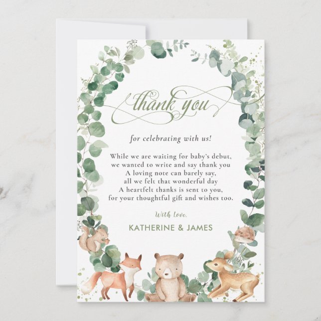 Tarjeta De Agradecimiento Moda Woodland Animals Greenery Baby Shower   (Anverso)
