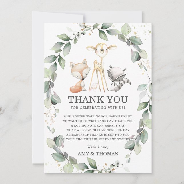 Tarjeta De Agradecimiento Moda Woodland Animals Rustic Greenery Baby Shower (Anverso)