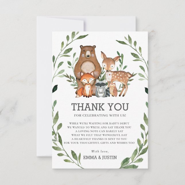 Tarjeta De Agradecimiento Moda Woodland Forest Animals Greenery Baby Shower (Anverso)