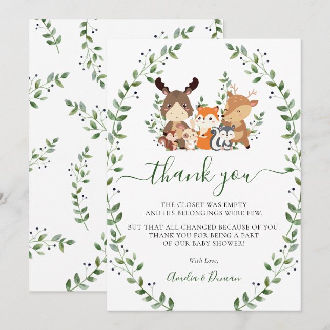 Tarjeta De Agradecimiento Moda Woodland Greenery Forest Animals Baby Shower (Anverso / Reverso)