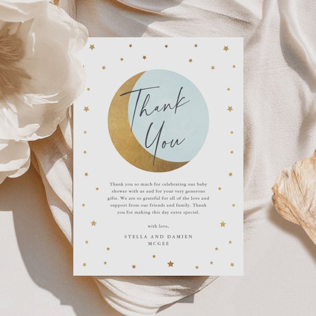 Tarjeta De Agradecimiento Moda y estrellas ducha de bebé (Elegant Gold Moon and Stars Script Blue Baby Shower Thank You Card.)