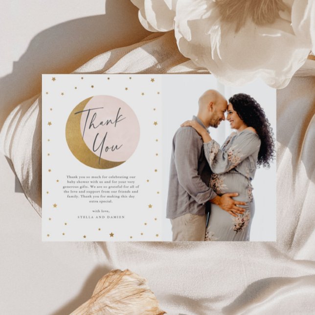 Tarjeta De Agradecimiento Moda y estrellas foto ducha bebé (Gold Moon and Stars Pink Girls Baby Shower Photo Thank You Card.)