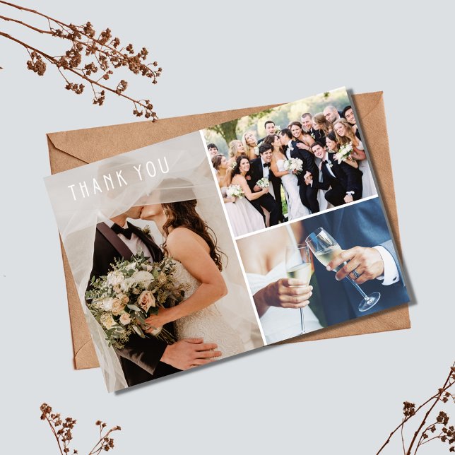 Tarjeta De Agradecimiento Modern 3 Photo Boda Gracias (Modern 3 Photo Wedding Thank You Card)