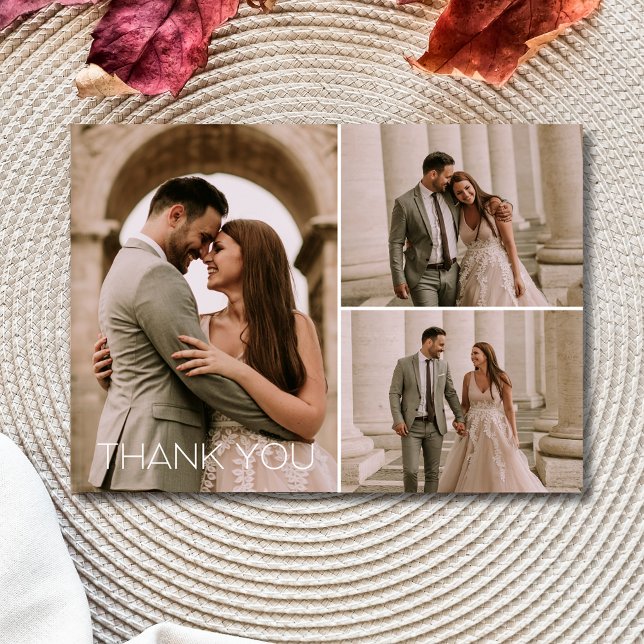 Tarjeta De Agradecimiento Modern 3 Photo Boda Gracias (Modern 3 Photo Wedding Thank You Card)