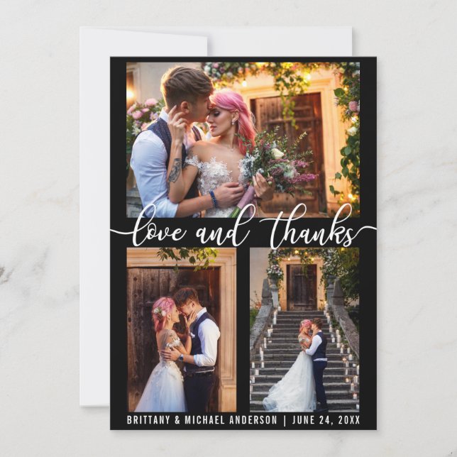 Tarjeta De Agradecimiento Modern 3 Photo Love and Gracias Boda (Anverso)