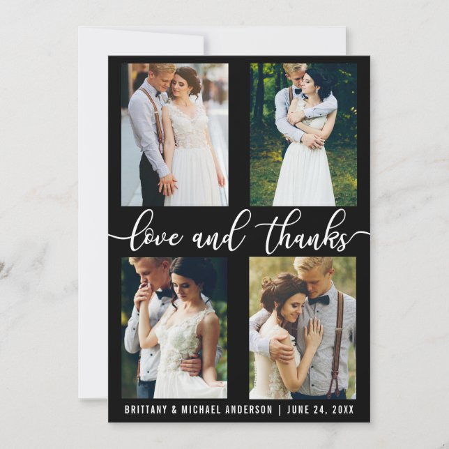 Tarjeta De Agradecimiento Modern 4 Photo Boda Love and Gracias (Anverso)