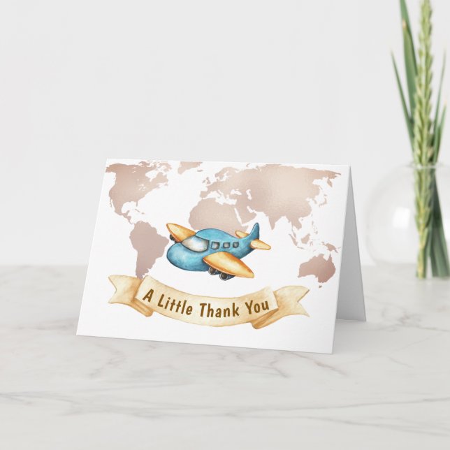 Tarjeta De Agradecimiento Modern Adventure World Map Airplane Baby Shower  (Anverso)