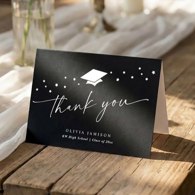 Tarjeta De Agradecimiento Modern Black and White Folded Graduation (Black and white graduation thank you folded card with script and star accents)