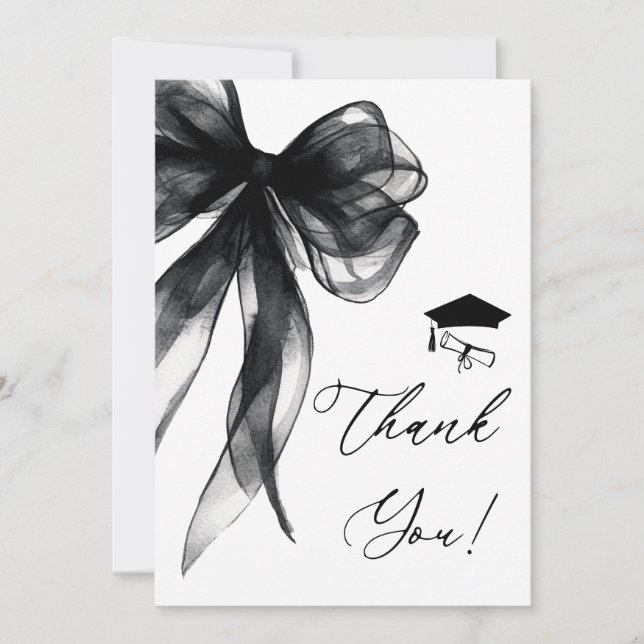 Tarjeta De Agradecimiento Modern Black Bow Graduation Party (Anverso)