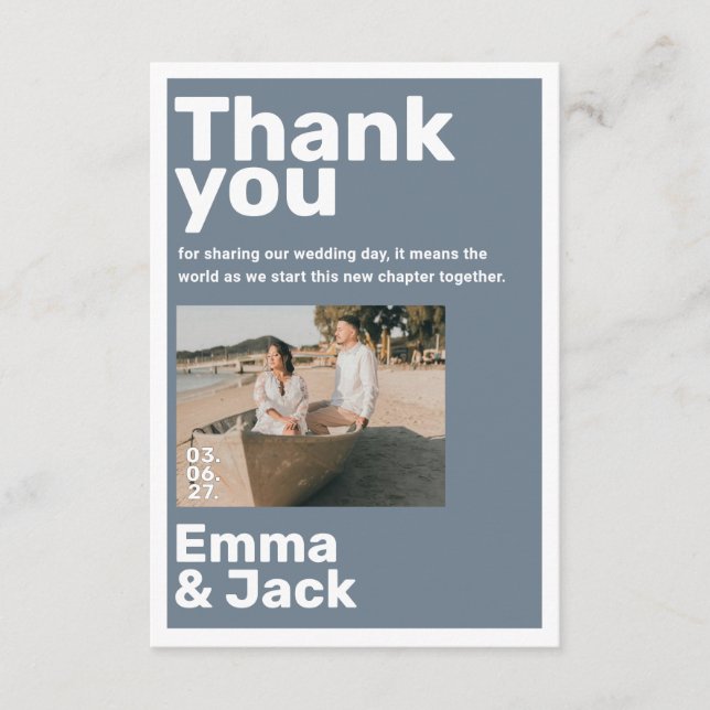 Tarjeta De Agradecimiento Modern blue minimalist photo wedding thank you (Anverso)