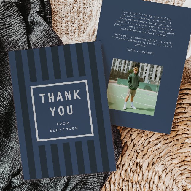Tarjeta De Agradecimiento Modern Blue Stripes Graduation Thank You (modern blue sporty stripes graduation thank you card)