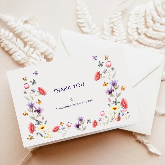 Tarjeta De Agradecimiento Modern Boho Wildflower Bridal Shower (Modern boho wildflower bridal shower folded thank you card with watercolor florals.)