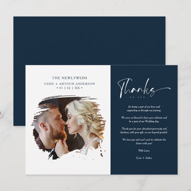 Tarjeta De Agradecimiento Modern Brushstoke Photo Newlyweds Couple Wedding  (Anverso / Reverso)