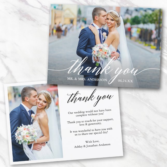 Tarjeta De Agradecimiento Modern Calligraphy 2 Photo Wedding Bride Groom (Customize to change your personalized text size or text style.)
