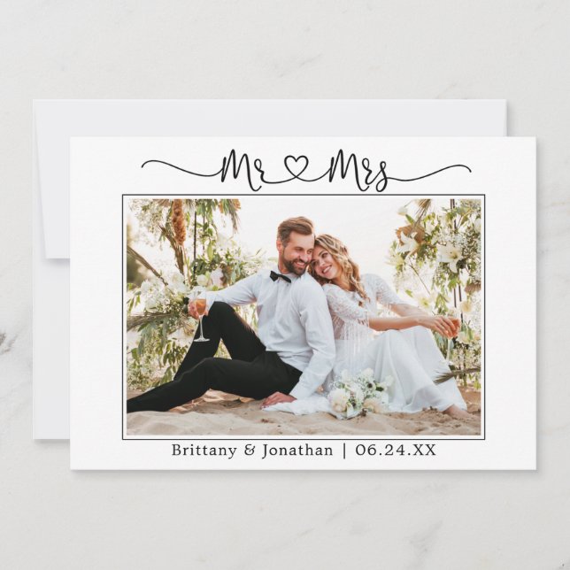 Tarjeta De Agradecimiento Modern Calligraphy Heart Boda Sr. y Sra. (Anverso)