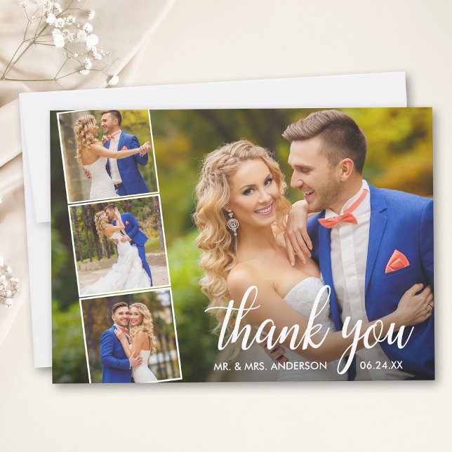 Tarjeta De Agradecimiento Modern Calligraphy Wedding 4 Photo Collage (Customize to add text or more photos to back of card.)