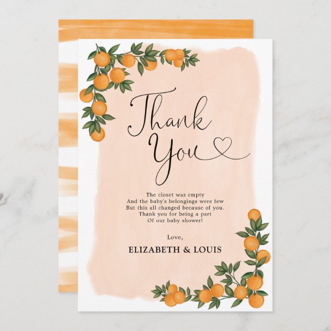 Tarjeta De Agradecimiento Modern Citrus Naranja Baby Shower Botánico Favorit (Anverso / Reverso)