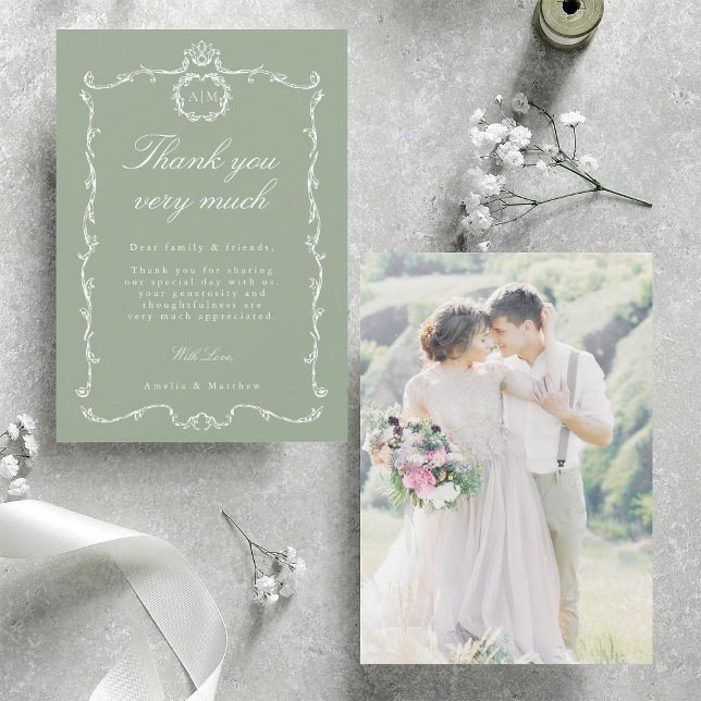 Tarjeta De Agradecimiento Modern Classic French Wedding Photo Sage Green (Front & Back)