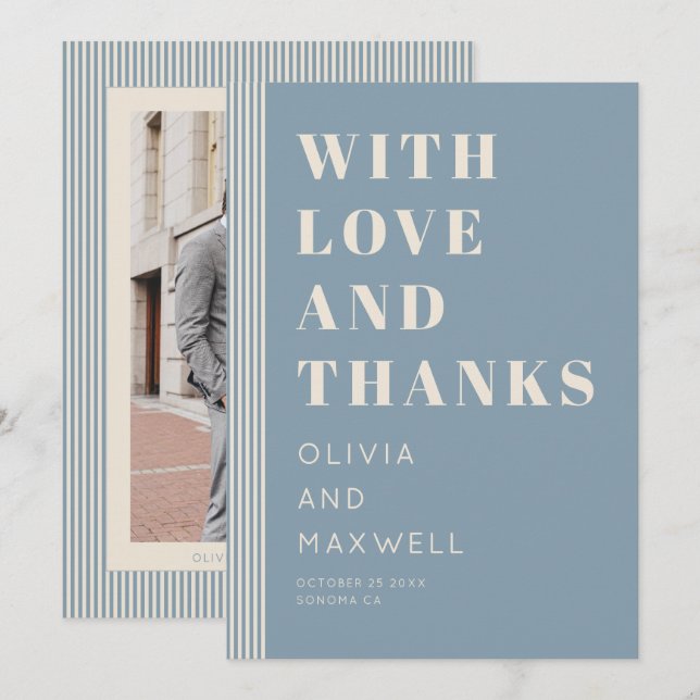 Tarjeta De Agradecimiento Modern Classic Love and Thanks Blue Striped (Anverso / Reverso)