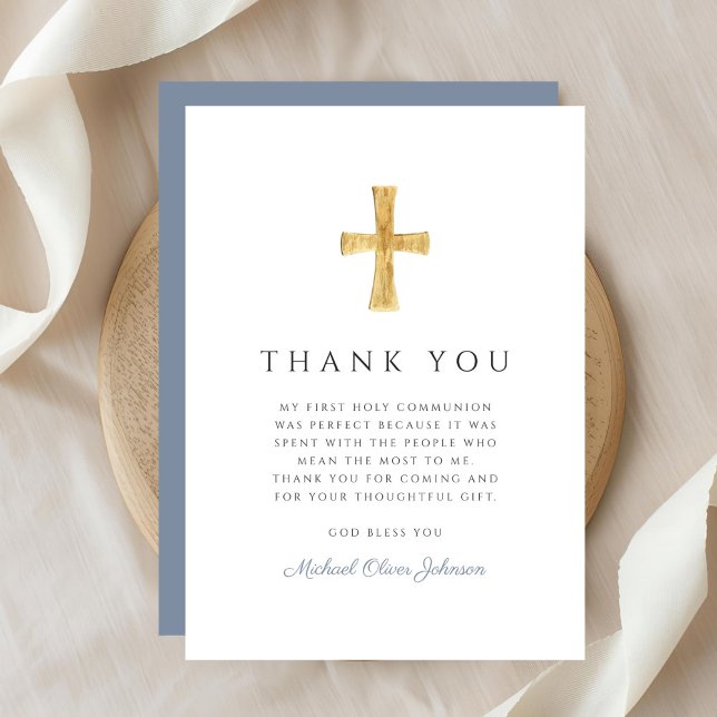 Tarjeta De Agradecimiento Modern Dusty Blue Religious Boy First Communion (Modern Dusty Blue Religious Boy First Communion Thank You Card)