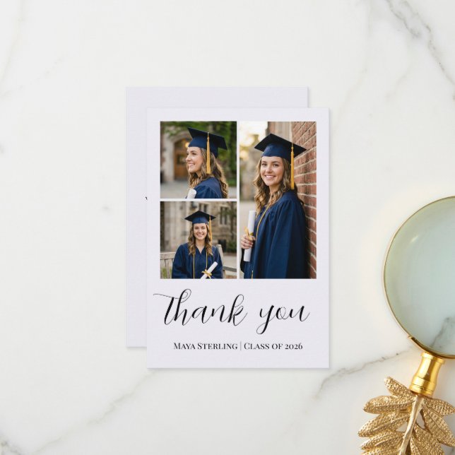 Tarjeta De Agradecimiento Modern Editorial Script Multi-Photo Graduation (Anverso/Reverso In Situ)
