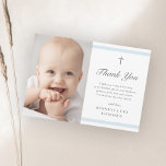 Tarjeta De Agradecimiento Modern Elegance Boys Baptism<br><div class="desc">The classic stripe baptism thank you card is modern and clean featuring soft blue stripes and a cross with photo. Grey customizable type allows you to change all of the information on the card to your liking. Perfect for a little boy's baptism.</div>