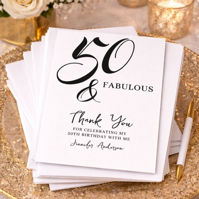 Tarjeta De Agradecimiento Modern Elegant Black White Fifty Fabulous Birthday (Subido por el creador)