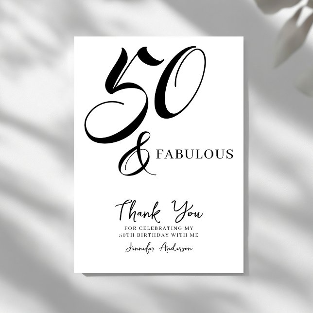 Tarjeta De Agradecimiento Modern Elegant Black White Fifty Fabulous Birthday (Subido por el creador)