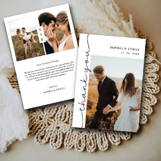 Tarjeta De Agradecimiento Modern Elegant Calligraphy Script 3 Photo Wedding