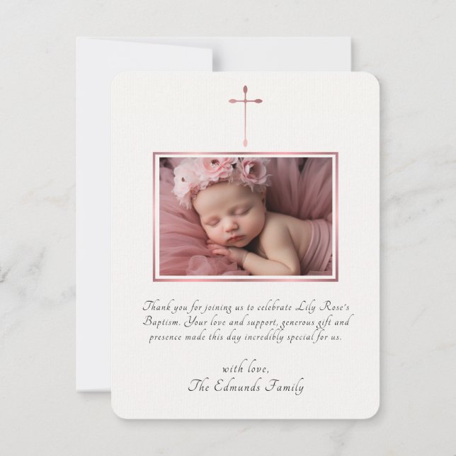 Tarjeta De Agradecimiento Modern Elegant Rose Gold Baptism  (Reverso)