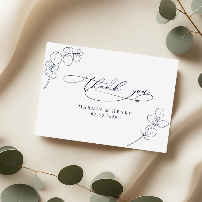 Tarjeta De Agradecimiento Modern Eucalyptus springs Navy Blue Wedding (Subido por el creador)