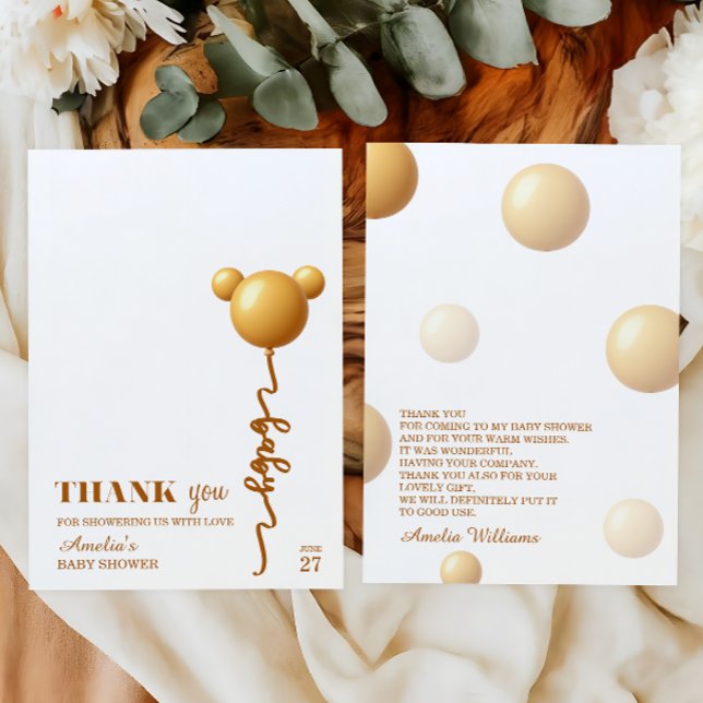 Tarjeta De Agradecimiento Modern Gold Teddy Balloon Thank You Neutral (Subido por el creador)