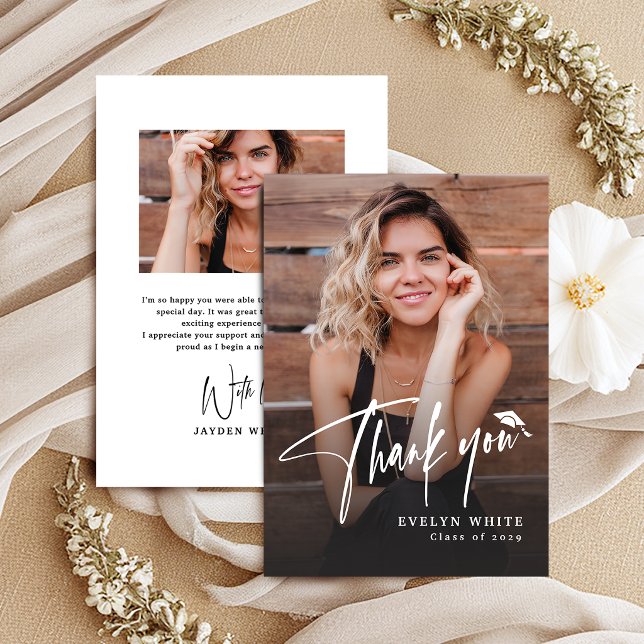 Tarjeta De Agradecimiento Modern Grad Cap Script Simple Photo Graduation (Modern Grad Cap Script Simple Photo Graduation Thank You Card)