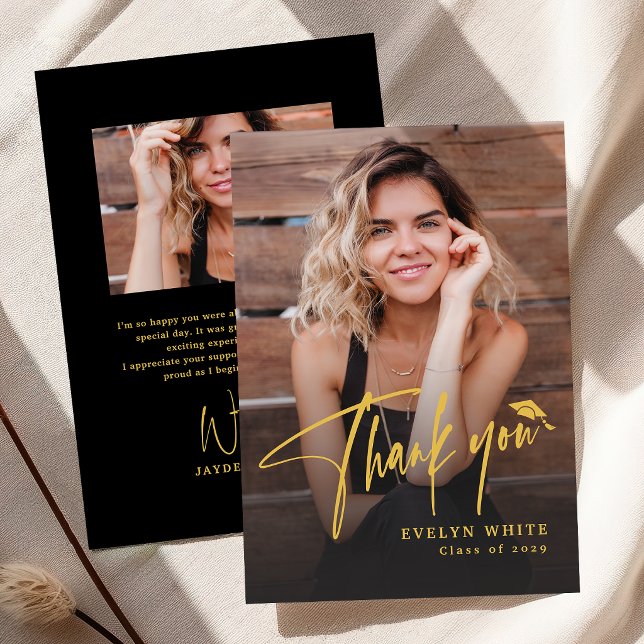 Tarjeta De Agradecimiento Modern Grad Cap Script Simple Photo Graduation (Modern Grad Cap Script Simple Photo Graduation Thank You Card)