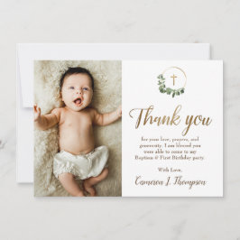 Tarjeta De Agradecimiento Modern Green Gold Cross baptism 1st birthday photo