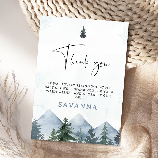 Tarjeta De Agradecimiento Modern Grey Wilderness Winter Baby Shower  (Mountains Thank You Card, Pine Trees Baby Shower Thank You Card, Winter Wilderness Thank You Tag)