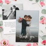 Tarjeta De Agradecimiento Modern Hand Lettered Wedding Photo Thank You Card<br><div class="desc">Modern Hand Lettered Wedding Photo Thank You Card. Modern Stylish wedding thank you postcard template featuring a full vertical photo on the front with the text "Thank You" in a hand lettered typography script font in white on the picture. Personalize the custom name and thank you message. If you prefer...</div>