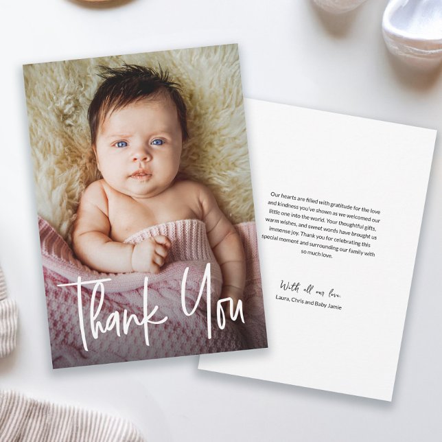 Tarjeta De Agradecimiento Modern Handlettering Custom Baby Girl Shower Photo (Modern handlettering thank you script baby girl thank you card)