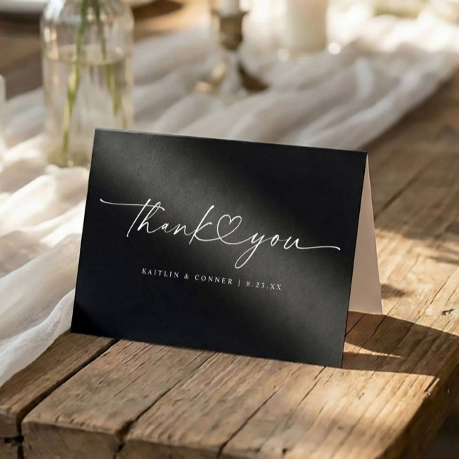 Tarjeta De Agradecimiento Modern Handwriting Heart Black and White Wedding (Folded black and white wedding thank you card with handwritten script and heart)