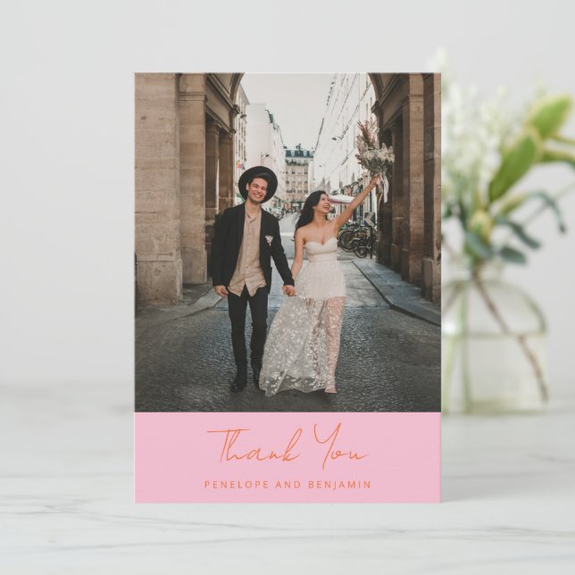 Tarjeta De Agradecimiento Modern Handwritten Pink Orange Wedding Photo (Anverso de pie)