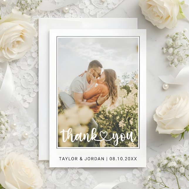 Tarjeta De Agradecimiento Modern Heart Script Custom Minimal Photo Wedding  (Subido por el creador)