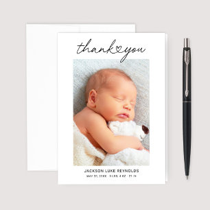 Tarjeta De Agradecimiento Modern Heart Script Custom Newborn Baby Photo Than