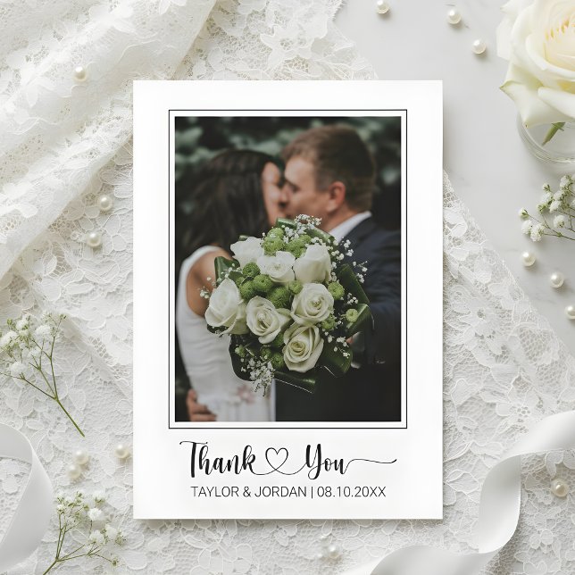 Tarjeta De Agradecimiento Modern Heart Script Photo Wedding Thank You Card (Subido por el creador)