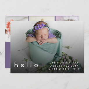 Tarjeta De Agradecimiento Modern Hello World Purple Baby Photo Birth