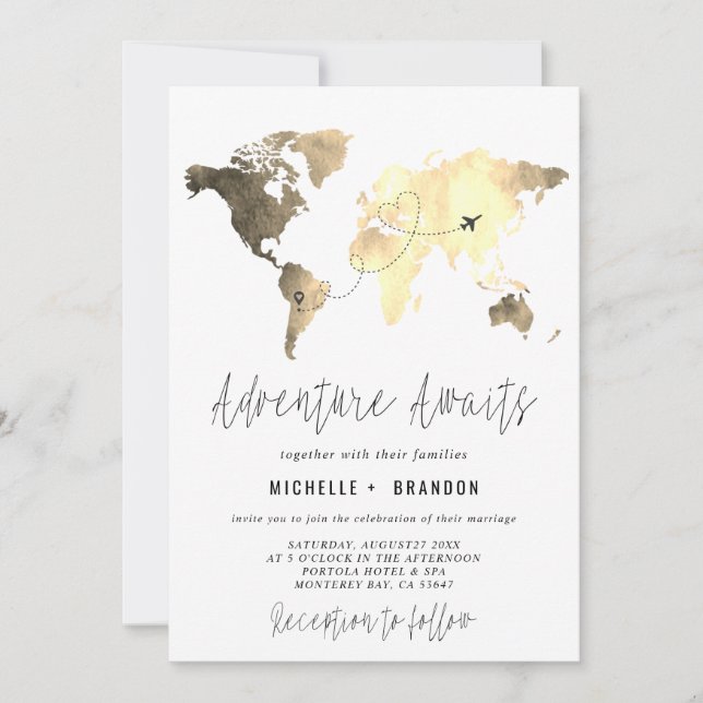 Tarjeta De Agradecimiento Modern Map of the World Blue Wedding Trip (Anverso)