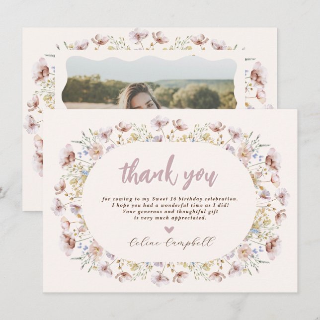Tarjeta De Agradecimiento Modern Meadow Wildflower Sweet 16 Cumpleaños (Anverso / Reverso)