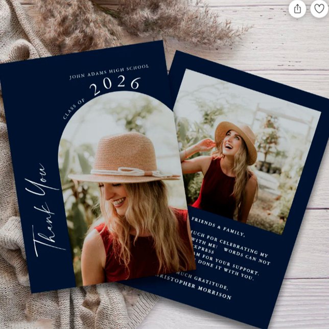Tarjeta De Agradecimiento Modern Minimal 2 Photo Script Navy Blue Graduation (Subido por el creador)