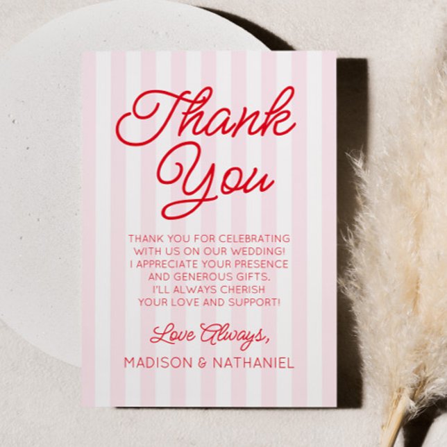 Tarjeta De Agradecimiento Modern Minimal Minimalist Red Pink Stripes Wedding (Subido por el creador)