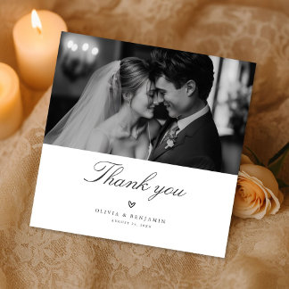 Tarjeta De Agradecimiento Modern Minimalist Monochrome Wedding Photo Square