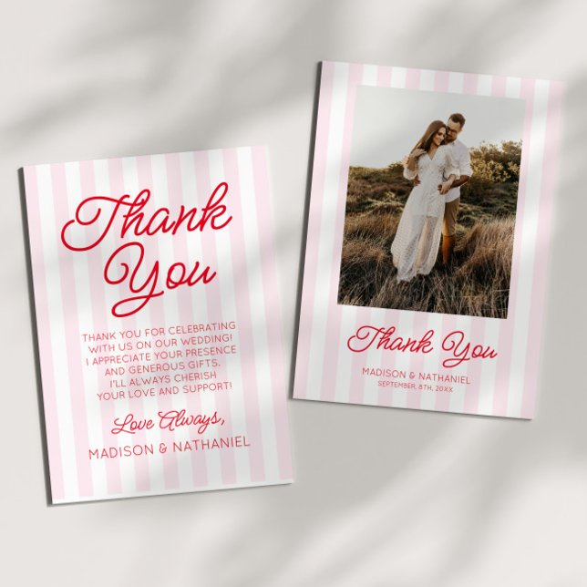 Tarjeta De Agradecimiento Modern Minimalist Pink Stripes Red Picture Wedding (Subido por el creador)